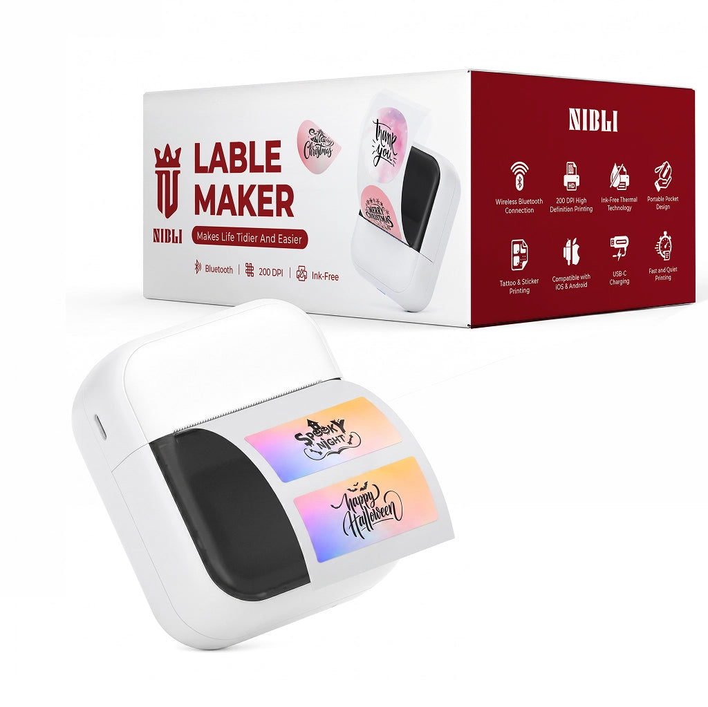 NIBLI Label Maker – Wireless Bluetooth Thermal Printer, 200 DPI, Ink-Free, USB-C, iOS & Android Compatible