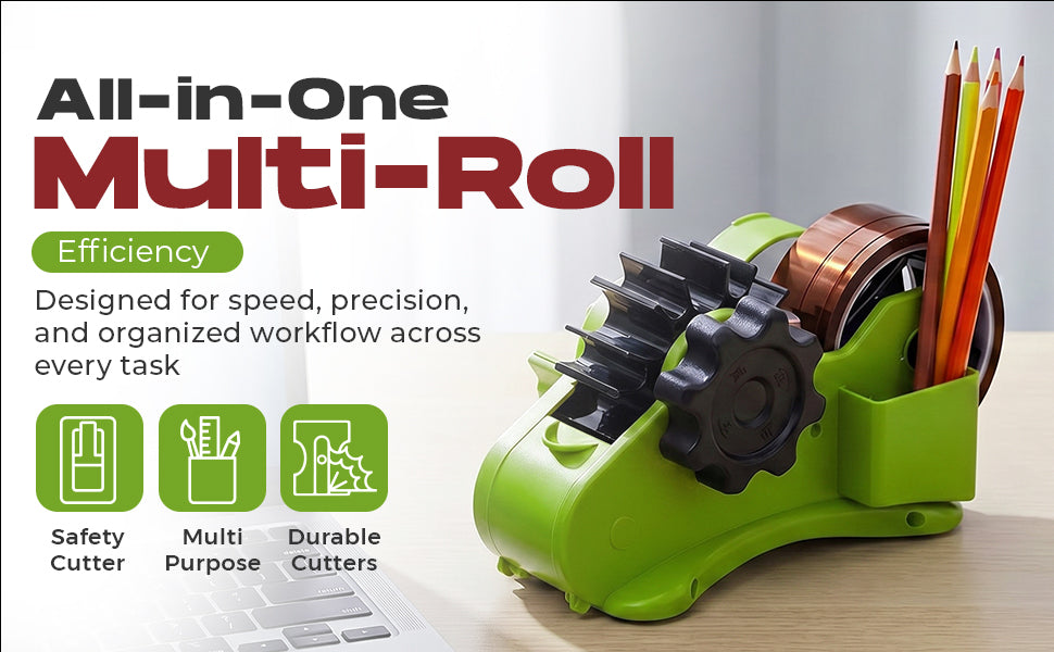 Multi Roll Tape Dispenser for Desk – 3 Roll Desktop Tape Holder with Non-Slip Base, Heavy Duty Tape Cutter for Office, Packing, Crafts, Washi, Masking & Heat Transfer Tapes