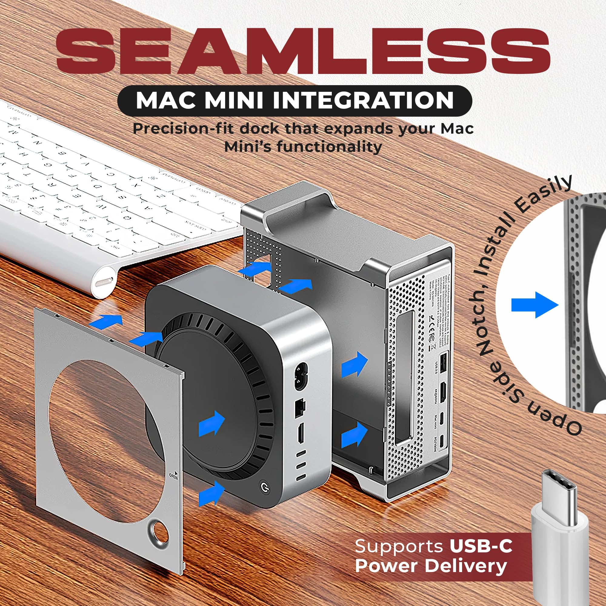 USB-C Hub Stand for Mac Mini M4 — M.2 NVMe SSD Enclosure, 4K HDMI, PD 100W