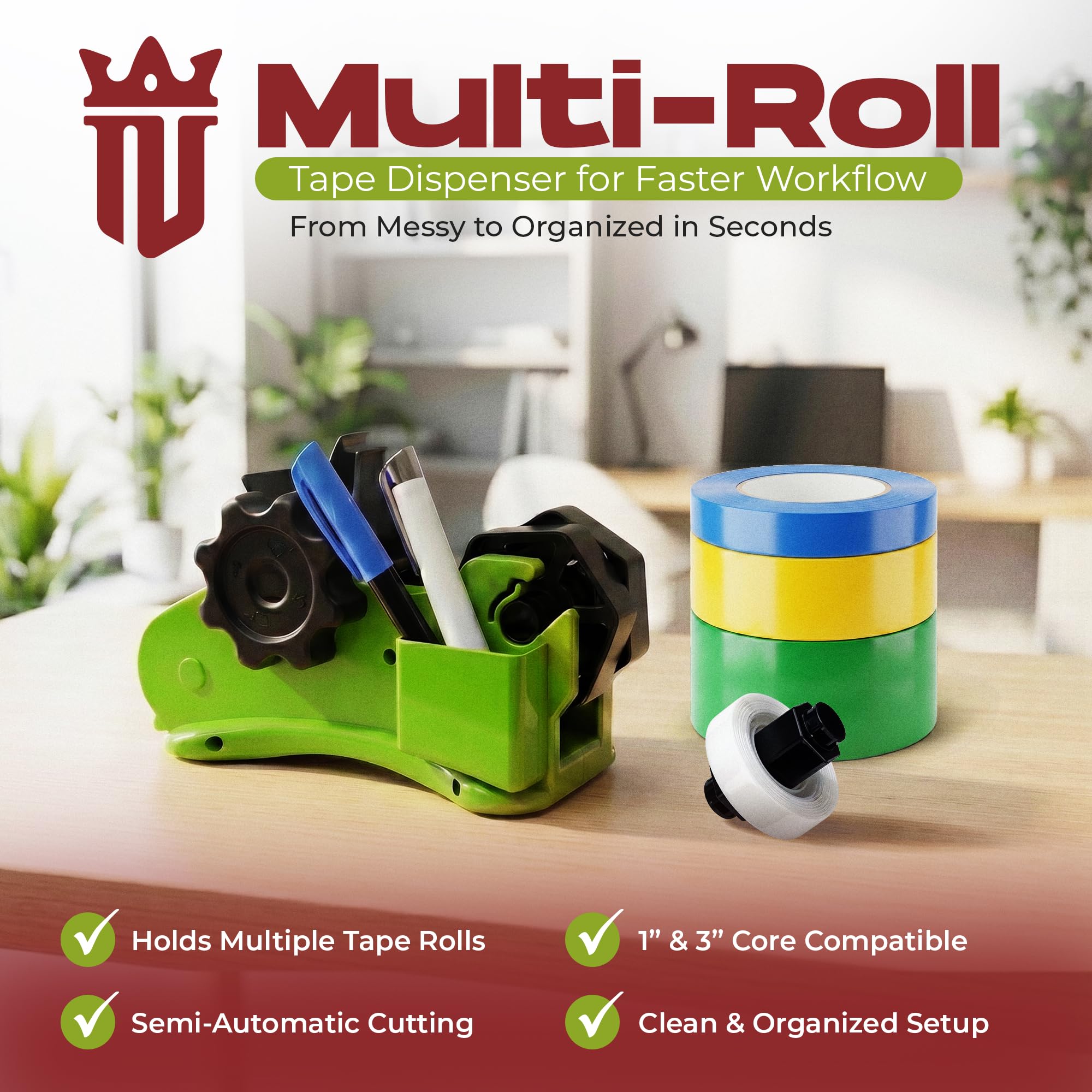 Multi Roll Tape Dispenser for Desk – 3 Roll Desktop Tape Holder with Non-Slip Base, Heavy Duty Tape Cutter for Office, Packing, Crafts, Washi, Masking & Heat Transfer Tapes
